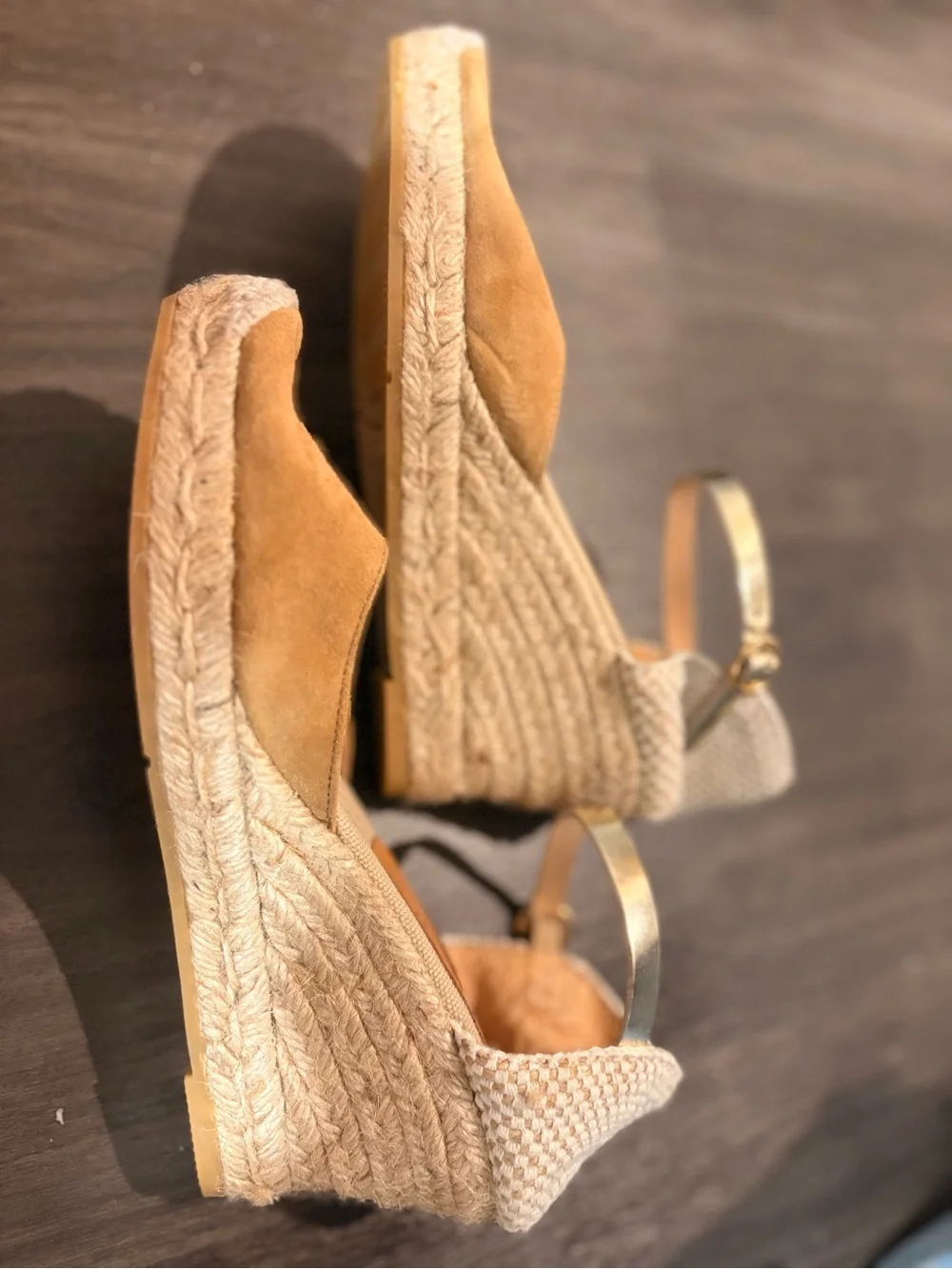 kanna Tan Espadrille Wedge Sandals with Gold Ankle Strap